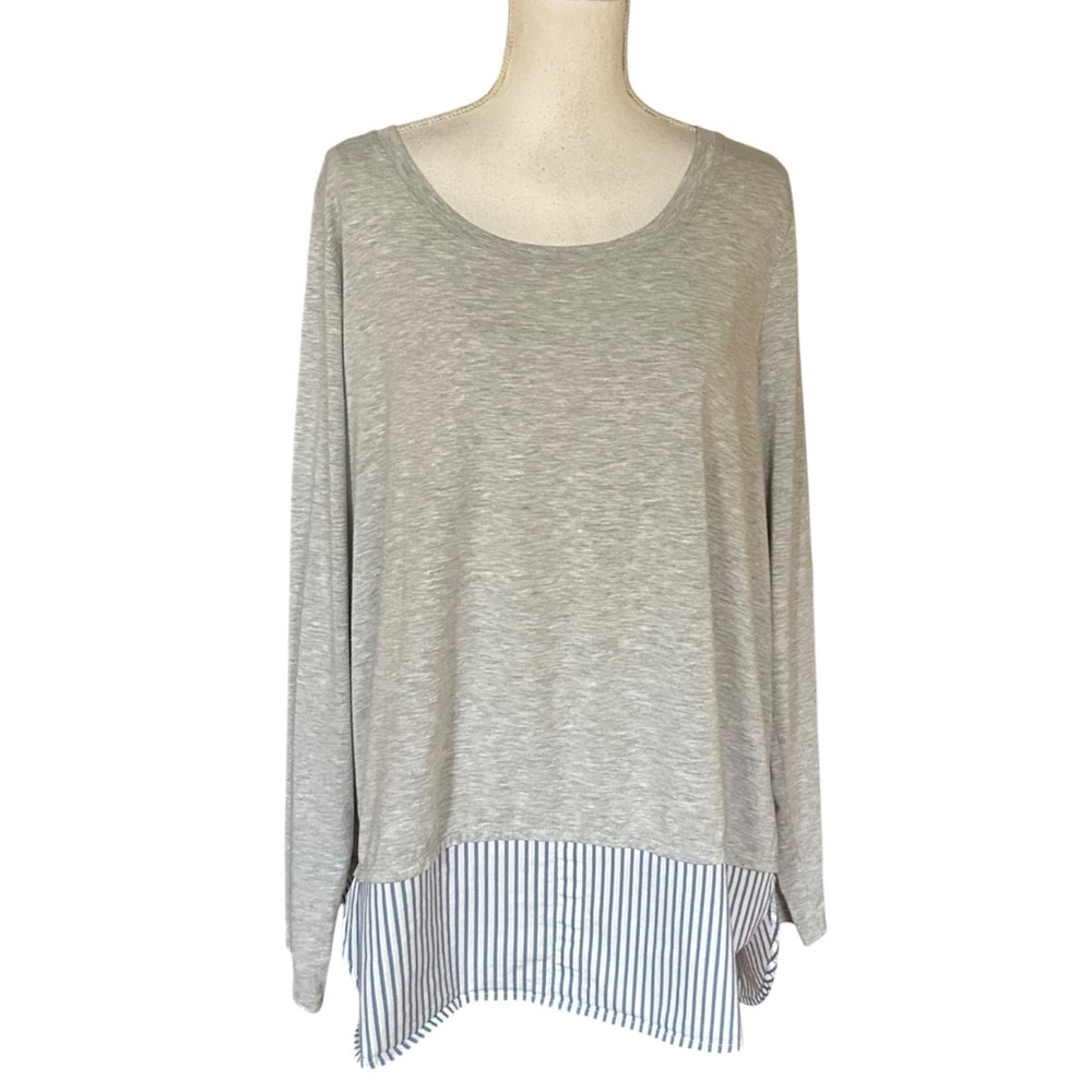 Lane Bryant Heather Gray Long Sleeve Top with Striped Hem